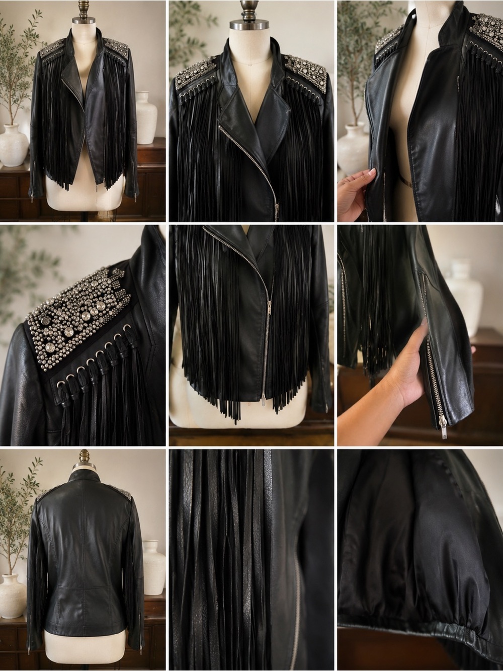 Studded Fringe Black Leather Jacket - Women